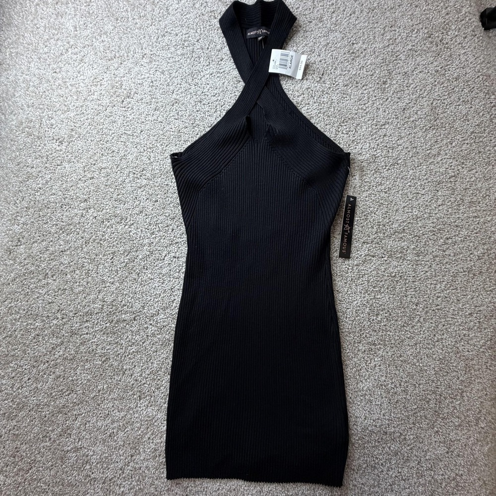 Almost Famous Dress Juniors XL Black Ribbed Sleeveless Halter Bodycon Short NWT